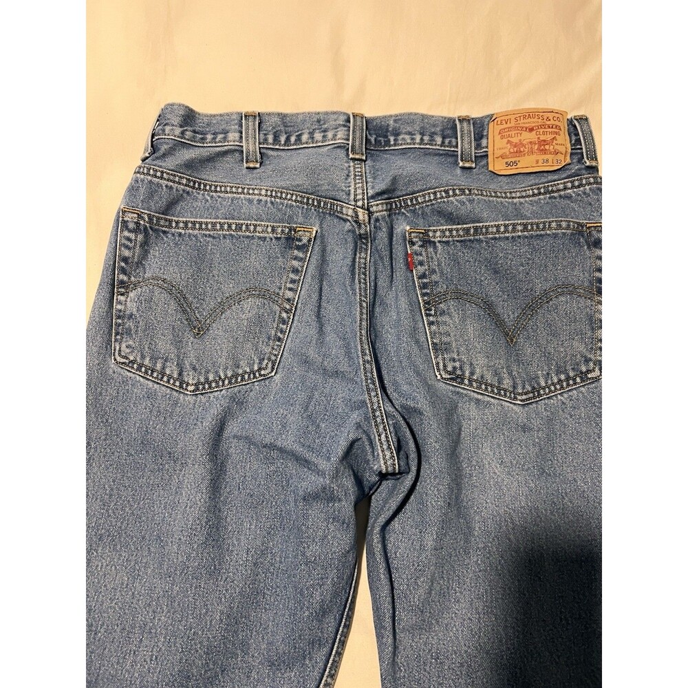 Levis 505 Jeans Mens 38x32 Regular Fit Straight Medium Wash Stretch Denim Used